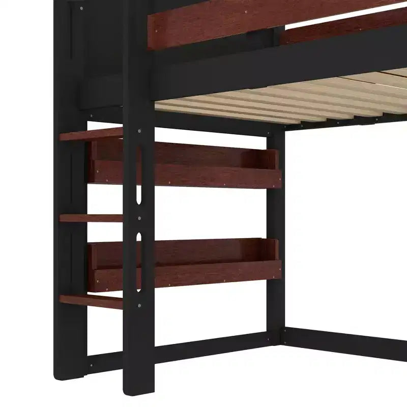 Lit mezzanine pour enfants avec toboggan, étagère et barrières de sécurité sur toute la longueur - Lit simple, bois massif, beige