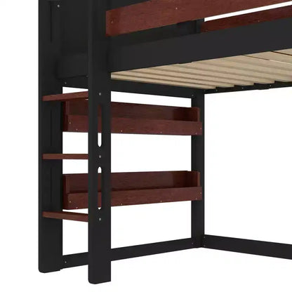Lit mezzanine pour enfants avec toboggan, étagère et barrières de sécurité sur toute la longueur - Lit simple, bois massif, beige