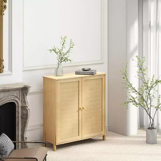 Mid-Century Rattan Storage Cabinet with Adjustable Shelves & Solid Wood Legs - 35.4 in. W
