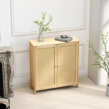 Armoire de rangement en rotin de style Mid-Century avec étagères réglables et pieds en bois massif – 89,9 cm l.