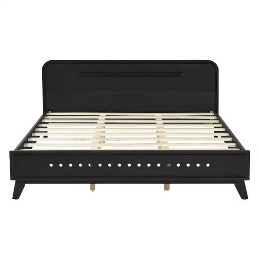 Pine Wood Platform Bed with Curved Headboard - Queen/King, 800 lb Capacity, No Box Spring