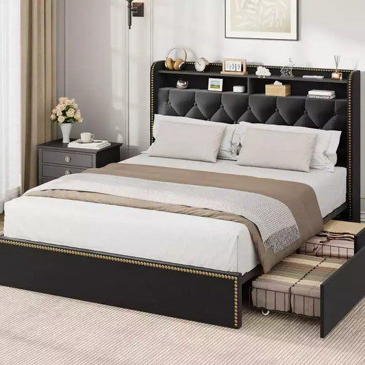 Full/Queen/King Upholstered Platform Bed Frame with 2-Tier Storage Headboard,Black Velvet Tufted Bed with 4 Drawers,Nailhead Trim, Sturdy Metal Frame