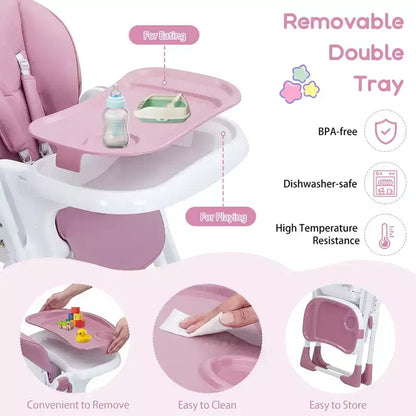 Chaise Haute Bébé, Hauteur et Inclinaison Réglables Chaise Haute Pliable avec Plateau Amovible - Siège Bébé Multifonctionnel Facile à Nettoyer