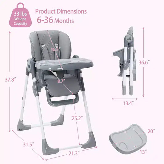Baby High Chair, Adjustable Height & Recline Foldable Highchair with Removable Tray - Easy-Clean Multifunctional Infant Seat