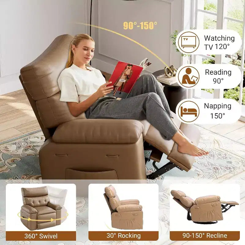 Oversized Recliner Chair with Heat & Massage  Extra Wide Swivel Rocker PU Leather Sofa with Side Pocket for Living Room, Nursery