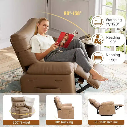 Oversized Recliner Chair with Heat & Massage  Extra Wide Swivel Rocker PU Leather Sofa with Side Pocket for Living Room, Nursery