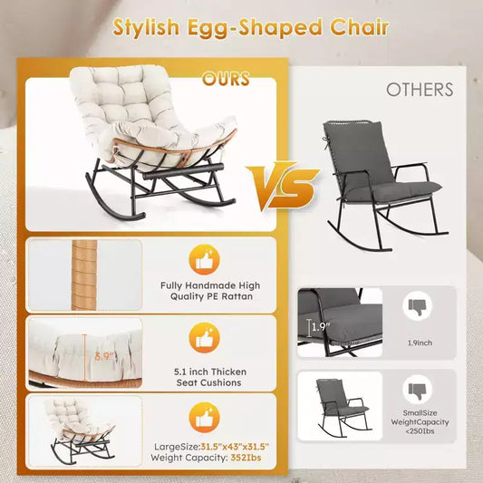 Rocking Chair - Oversized Outdoor Rocking Chairs with Footrest, Indoor Papasan Rocking Egg Chair for Bedroom, Living Room, Porch, Garden, Lawn